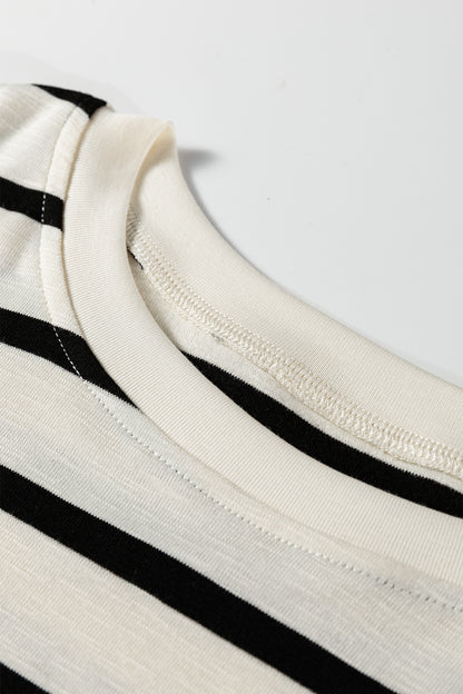 Black Stripe Ribbed Trim Button Cuff Long Sleeve Top Midi Skirt 2pcs Outfit