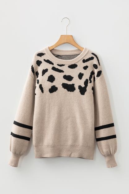 Khaki Leopard Striped Detail Drop Shoulder Sweater