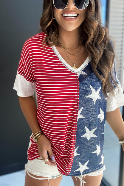 Multicolor Stripes Stars Print Knit Short Sleeves Top - L & M Kee, LLC