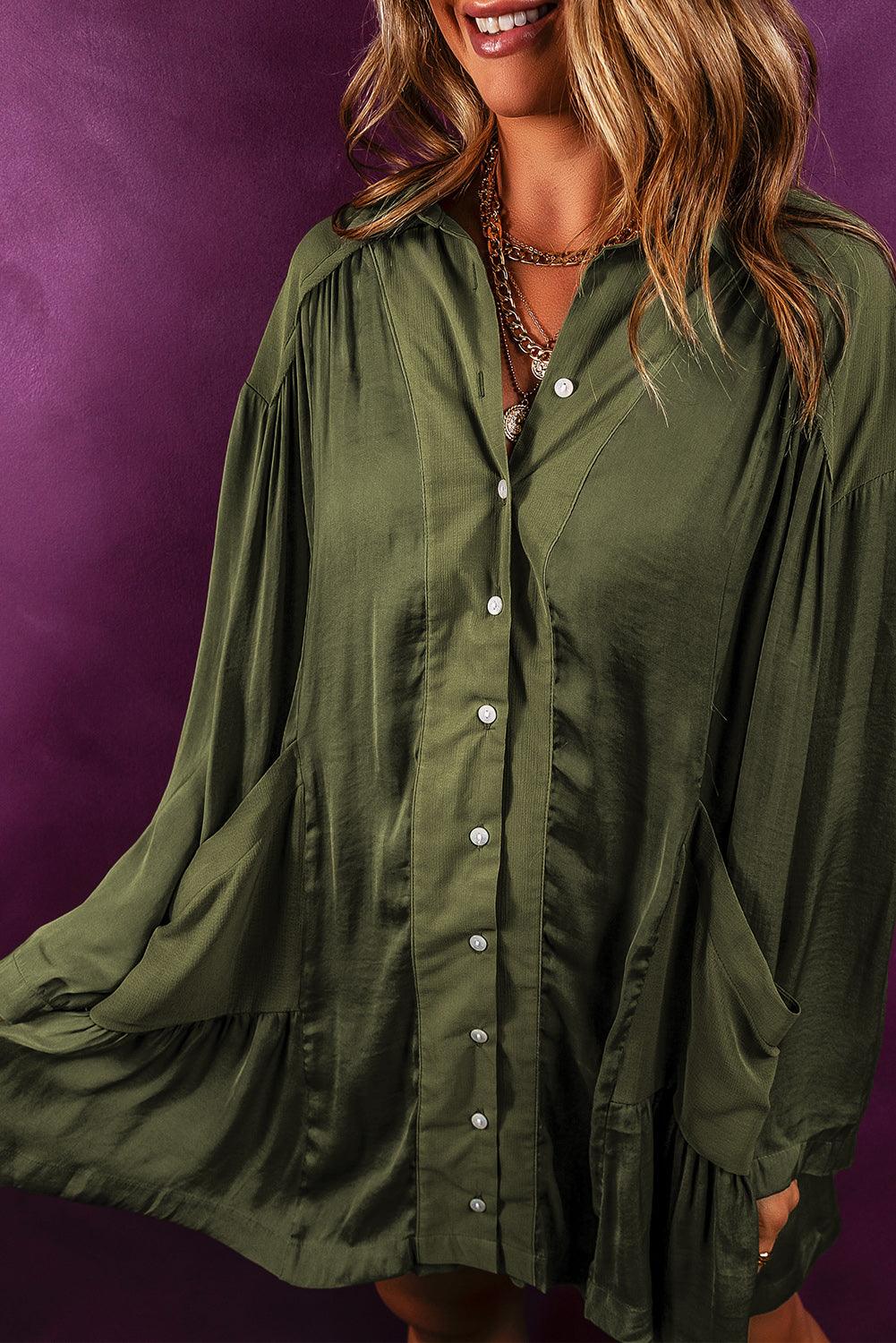 Pickle Green Loose Pocketed Ruffled Hem Draped Shirt Dress - L & M Kee, LLC