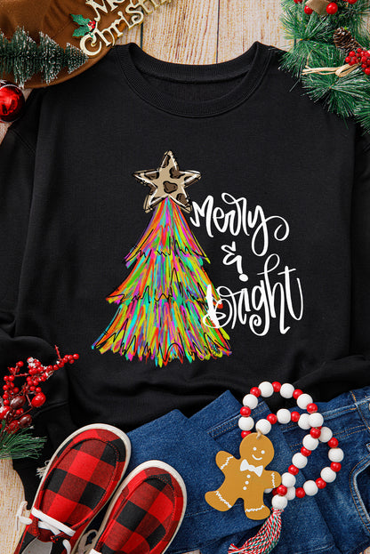 Black Merry & Bright Christmas Tree Graphic Sweatshirt