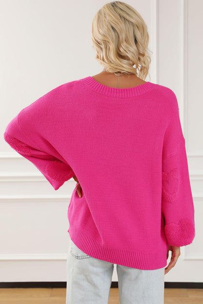 Rose Red Pearl Embellished Fuzzy Hearts V Neck Sweater - L & M Kee, LLC