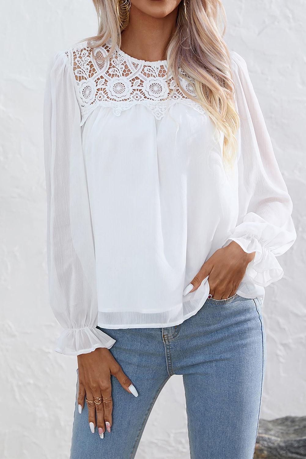 White Lace Patch Sheer Flounce Sleeve Blouse - L & M Kee, LLC