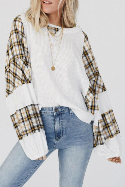 Green Plaid Patch Waffle Knit Exposed Seam Bubble Sleeve Top - L & M Kee, LLC