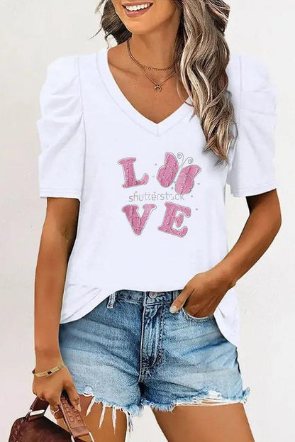 White LOVE Shutterstock Graphic Puff Sleeve V Neck Tee - L & M Kee, LLC