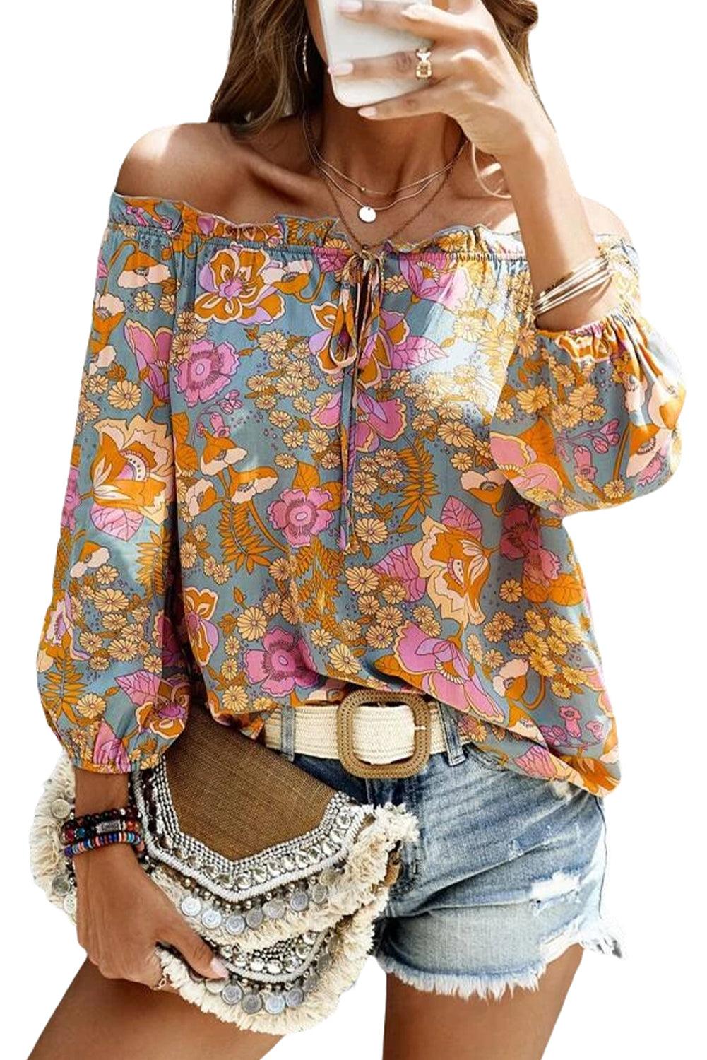 Blue Frilled Off Shoulder Floral Blouse - L & M Kee, LLC