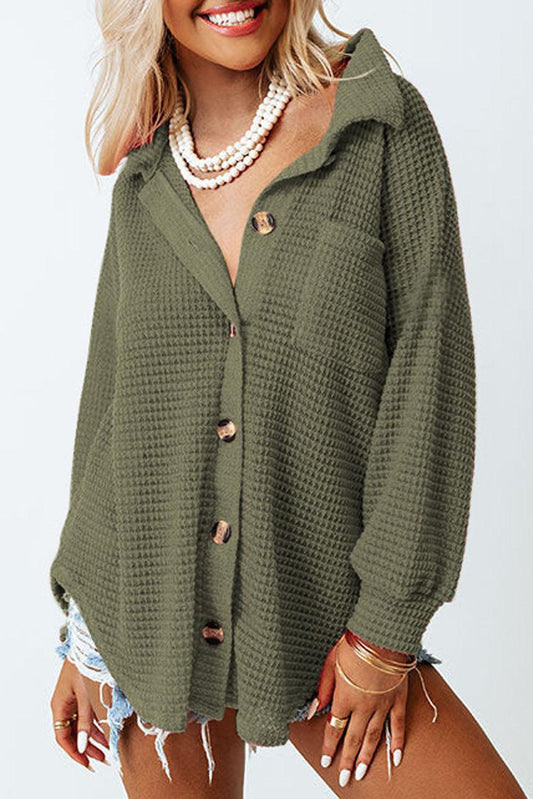 Green Waffle Knit Button Up Casual Shirt - L & M Kee, LLC