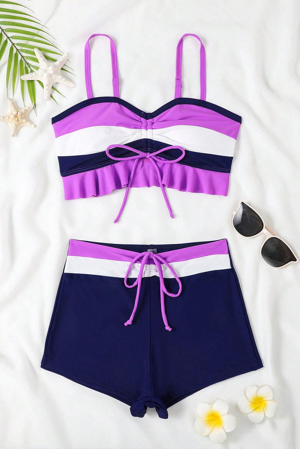 Dark Purple Colorblock Ruffled Drawstring Tie Shorts Bikini - L & M Kee, LLC