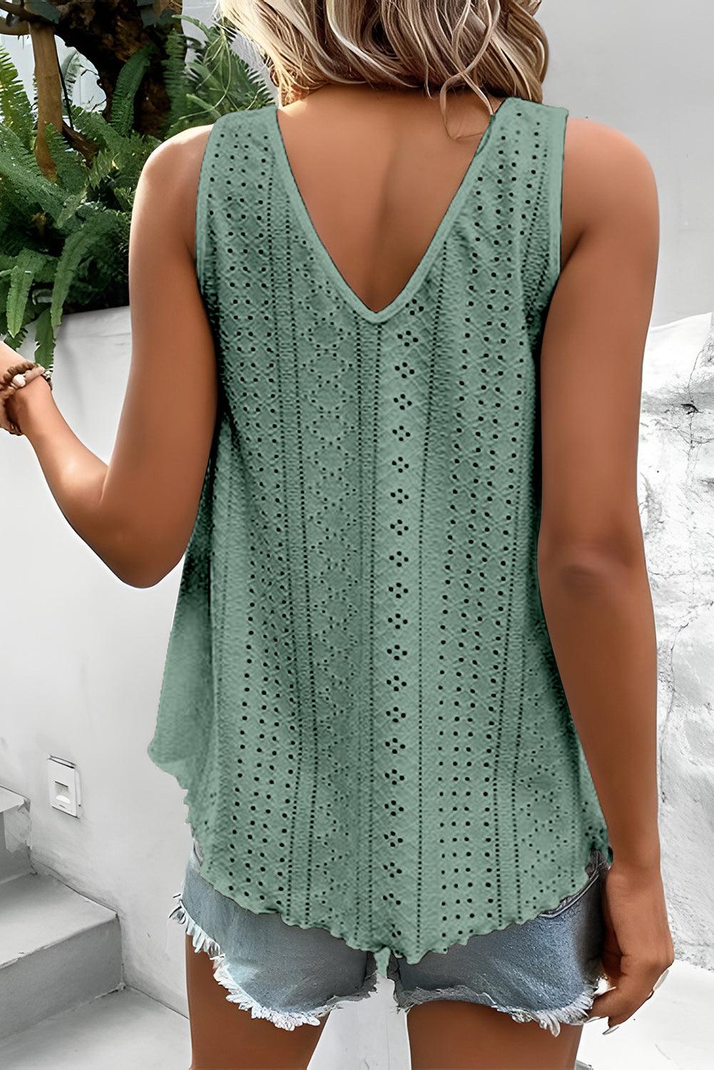 Mist Green Lace Crochet Splicing V Neck Loose Fit Tank Top - L & M Kee, LLC