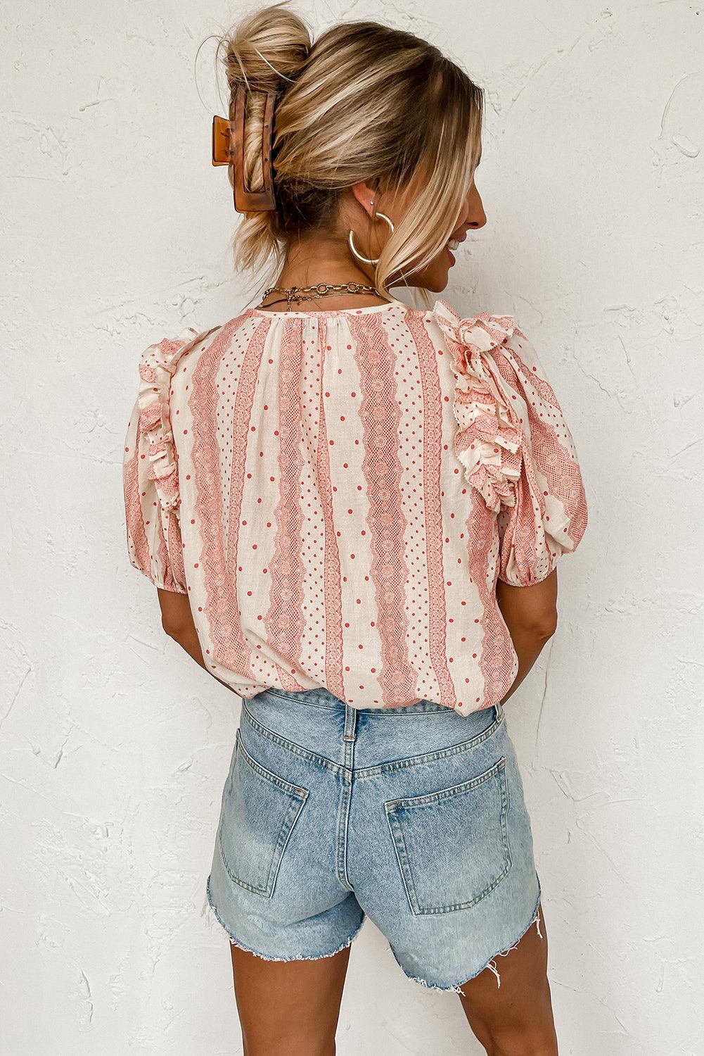 Red Frilled Short Puff Sleeve Mixed Print Blouse - L & M Kee, LLC