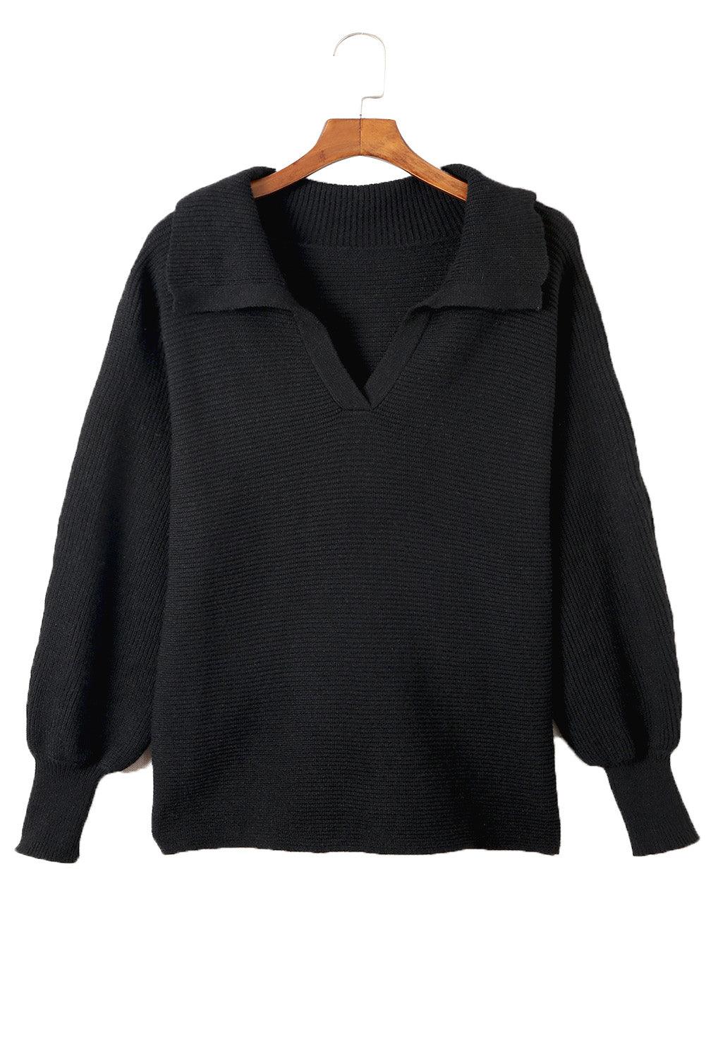 Black Ribbed Knit Lapel Neck Curvy Sweater - L & M Kee, LLC