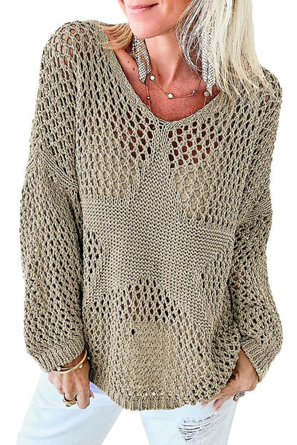 Light French Beige Star Pointelle Knit Baggy Sweater - L & M Kee, LLC