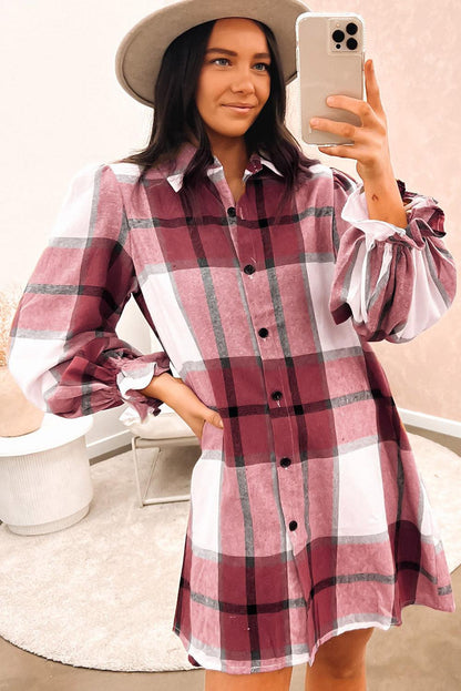 Khaki Plaid Pattern Collared Neck Ruffled Sleeve Shirt Dress - L & M Kee, LLC