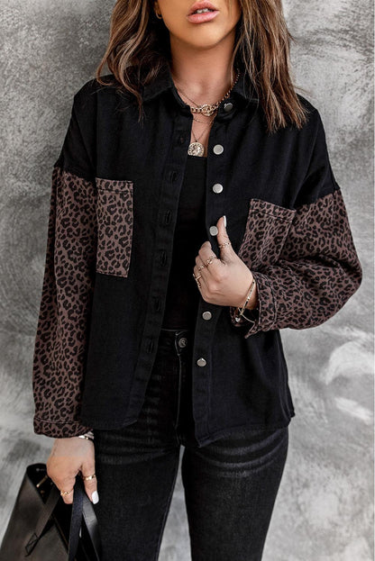 Blank Apparel - Black Contrast Leopard Denim Jacket - L & M Kee, LLC