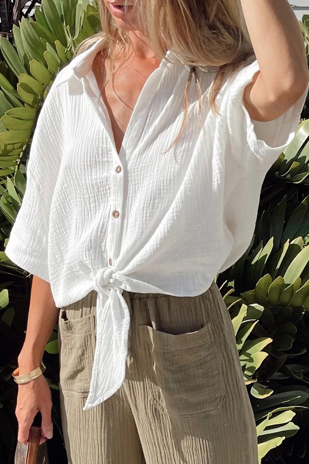 Textured Knotted Button-up Half Sleeve Shirt - L & M Kee, LLC