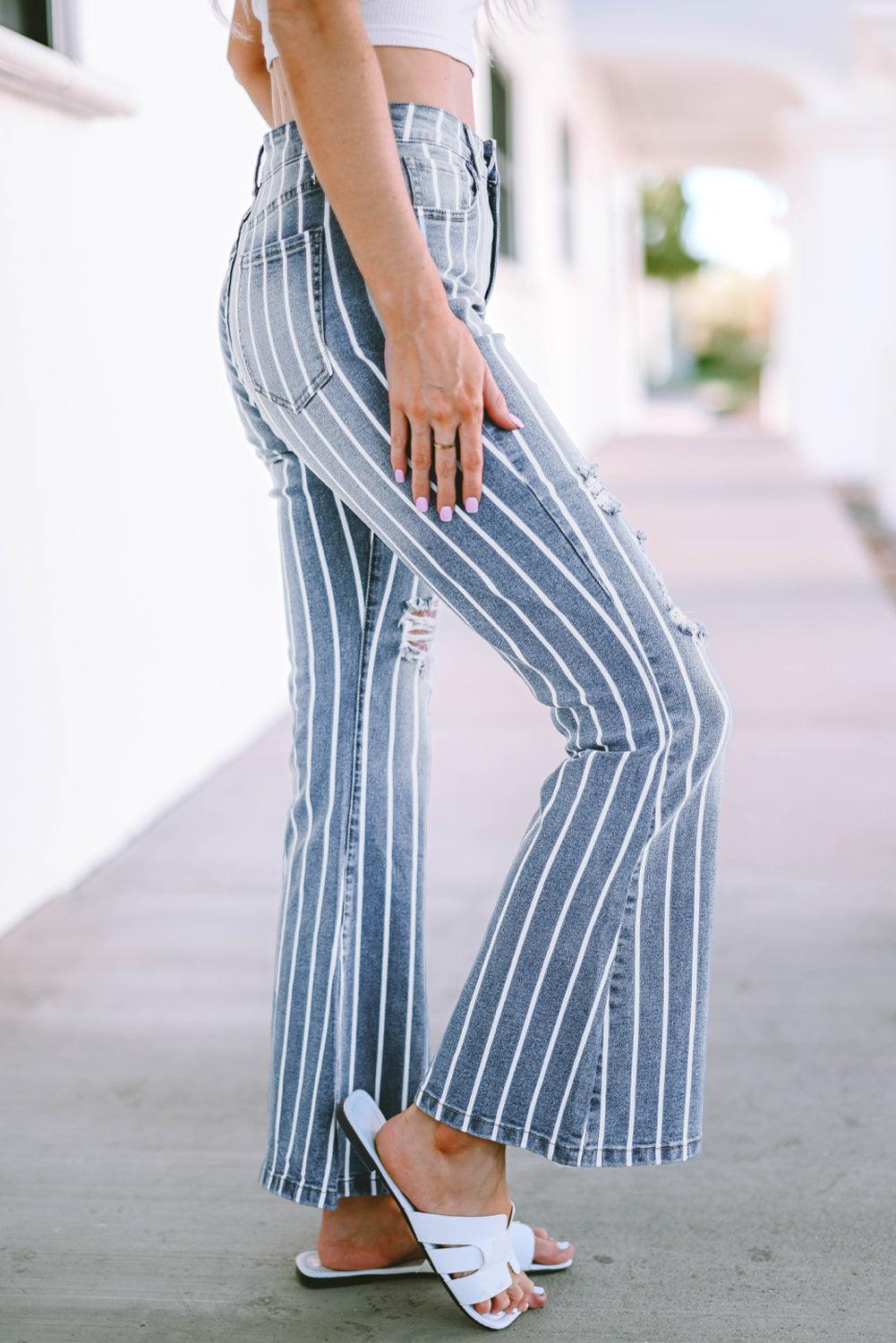 Vertical Striped Ripped Flare Jeans - L & M Kee, LLC