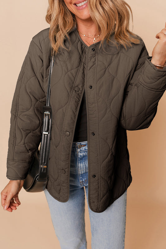 Dark Brown Snap Button Quilted Puffer Jacket