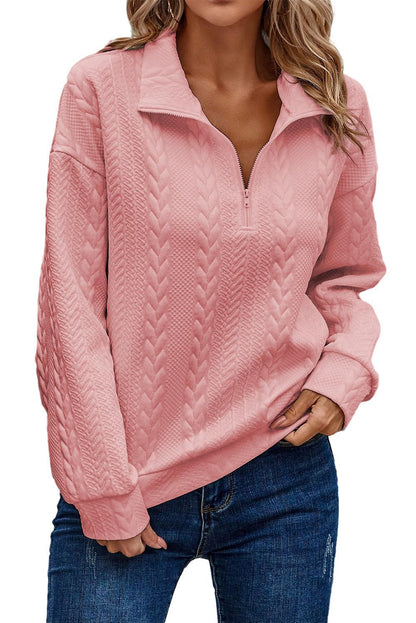 Peach Blossom Zip up Cable Textured Sweatshirt - L & M Kee, LLC