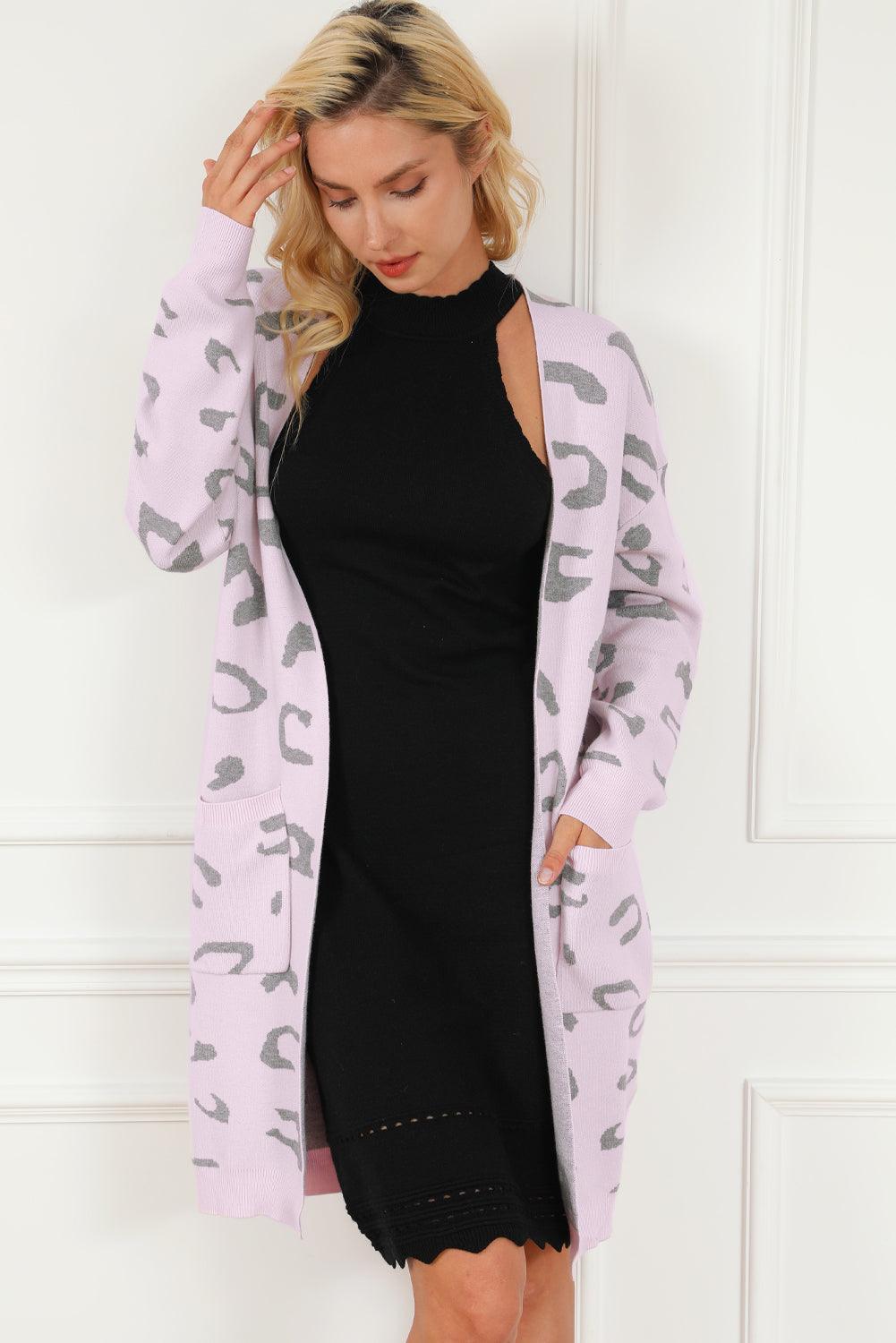 Pink Leopard Pocketed Open Front Long Cardigan - L & M Kee, LLC