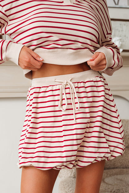 Red Stripe Cropped Collared Drop Shoulder Pullover and Bubble Mini Skirt Set