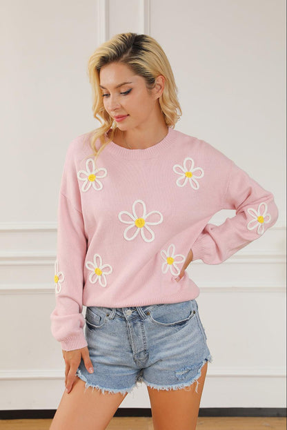 Pink Chenille Daisy Stitching Crew Neck Sweater - L & M Kee, LLC