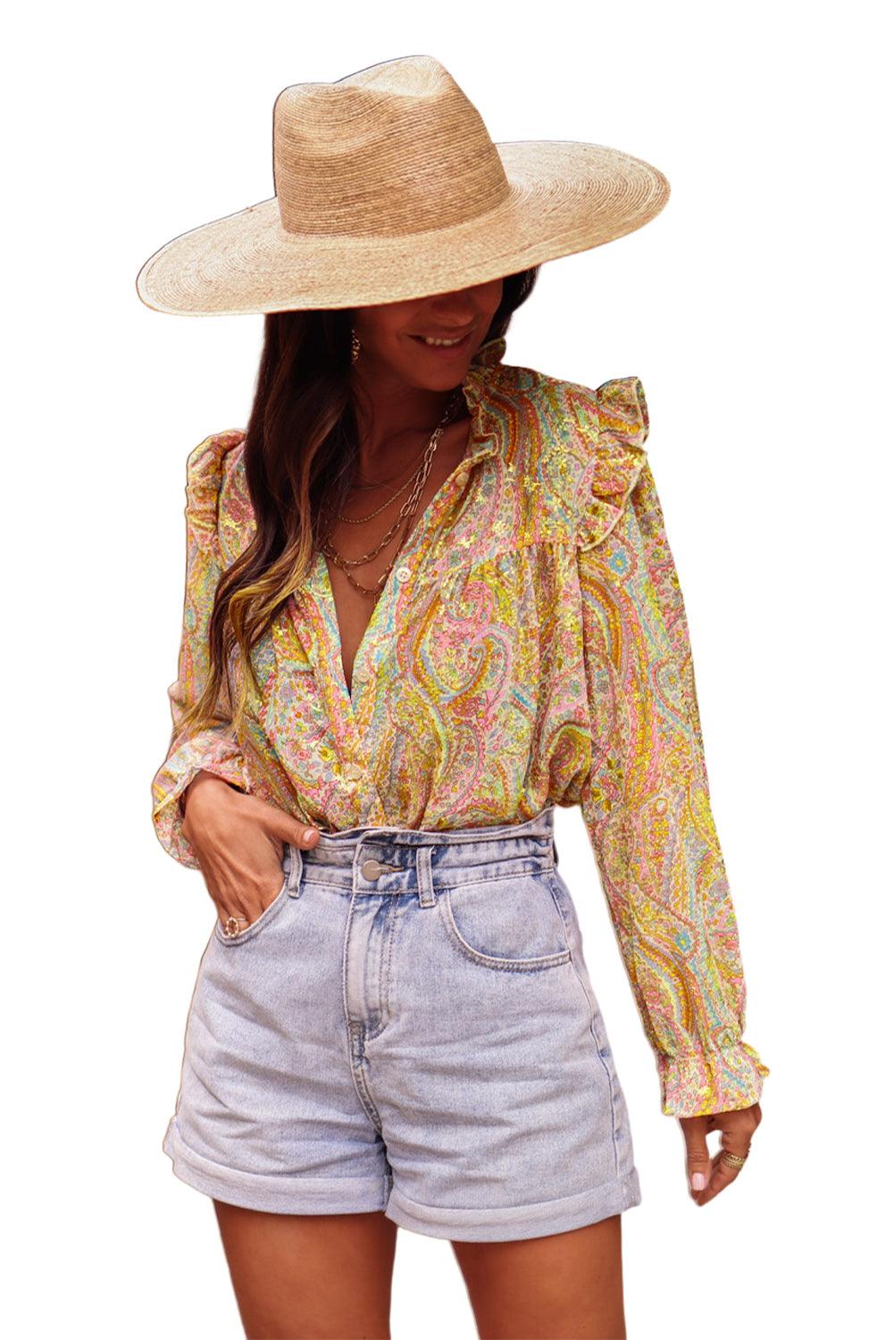 Yellow Paisley Print Ruffled Trim Boho Shirt - L & M Kee, LLC