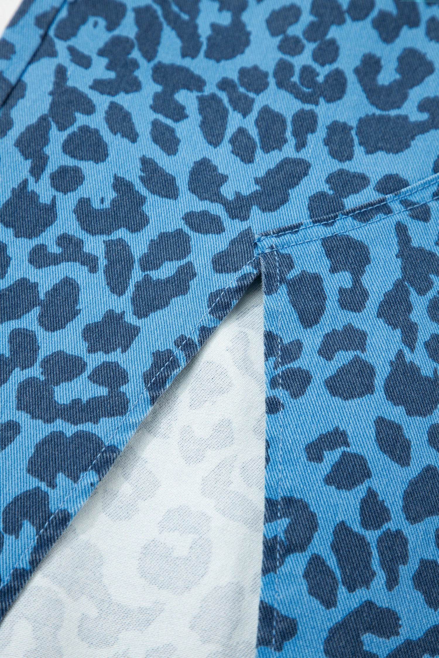 Sky Blue Leopard Denim Frayed Split Denim Midi Skirt