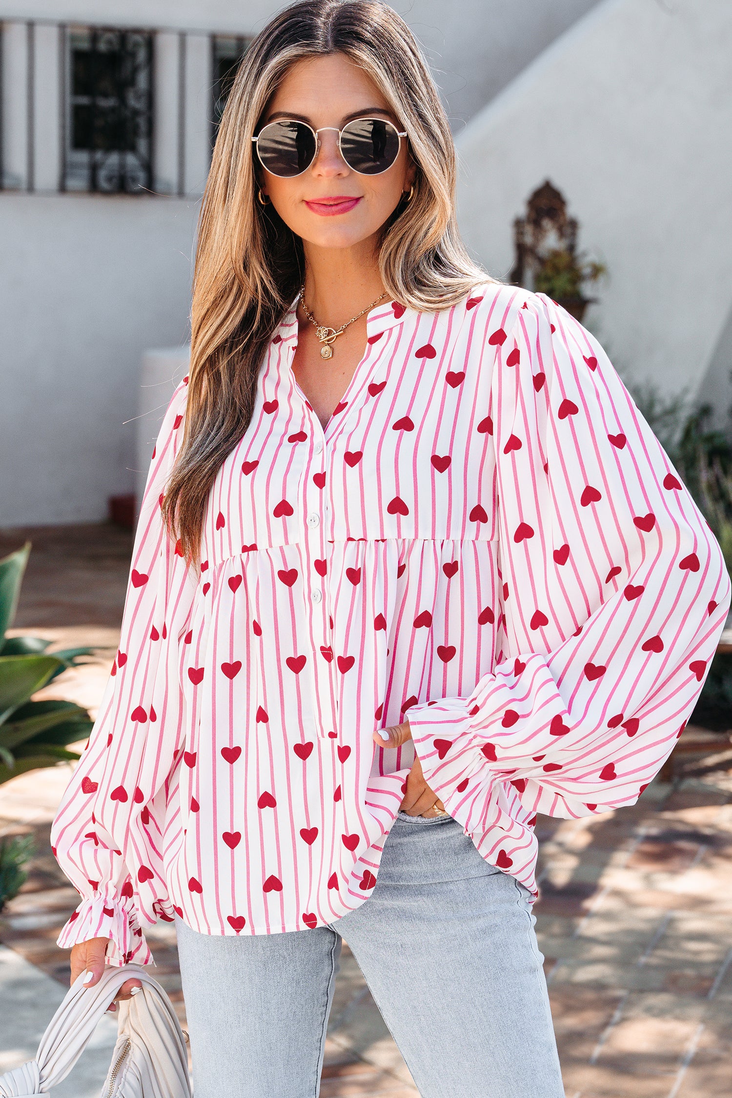 Pink Stripe Textured Heart Print Long Flounce Sleeve Shirt