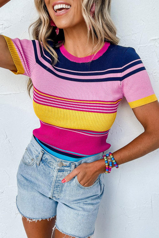 Pink Mixed Stripes Ribbed Knit Top - L & M Kee, LLC