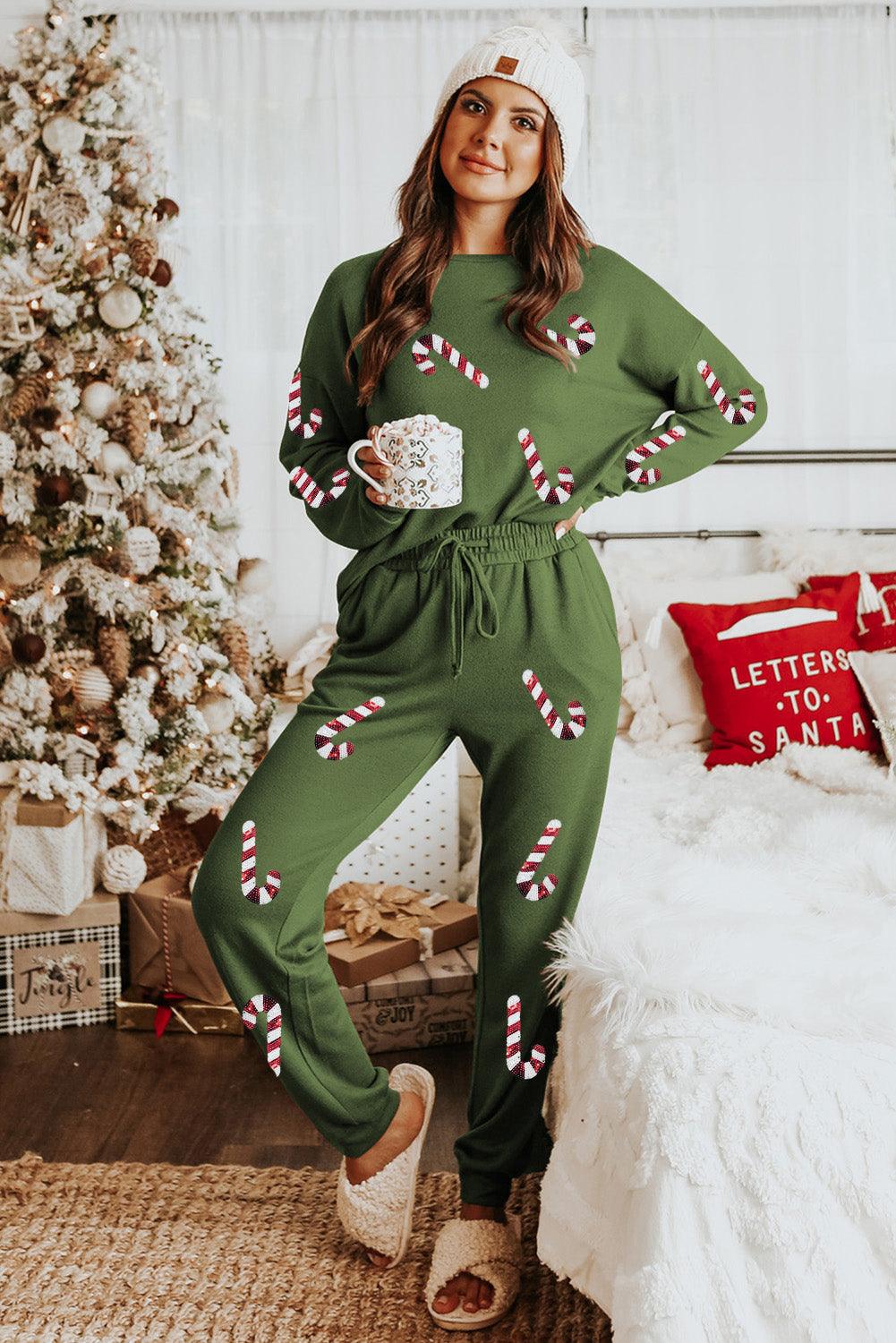 Spinach Green Sequined Christmas Cane Pattern Lounge Sweatsuit - L & M Kee, LLC