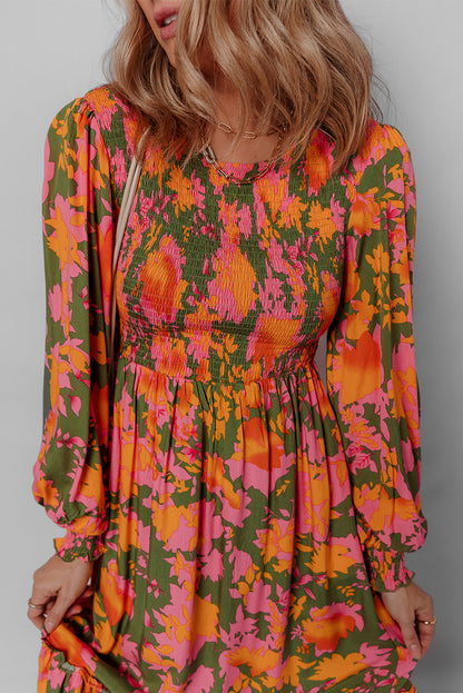 Orange Floral Puff Sleeve Smocked Bodice Ruffled Long Dress