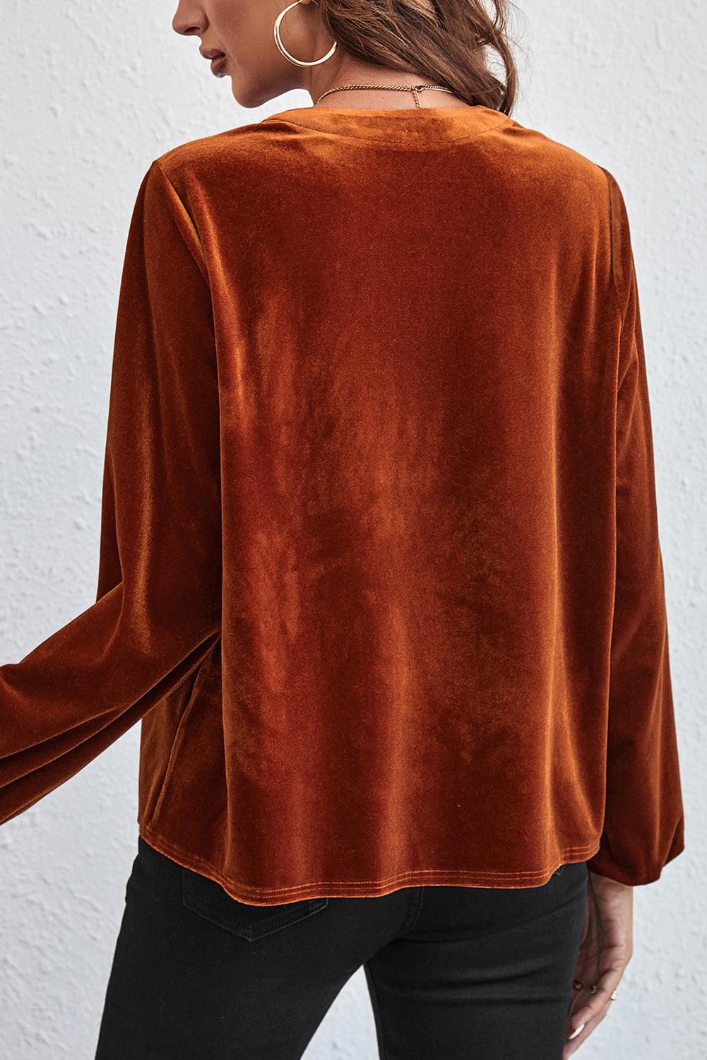 Gold Flame Lantern Sleeve Beaded Split V Neck Velvet Top - L & M Kee, LLC