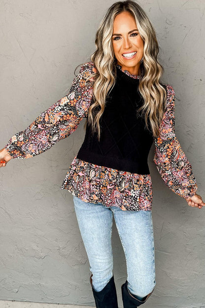 Black Contrast Floral Sleeve Peplum Sweater - L & M Kee, LLC