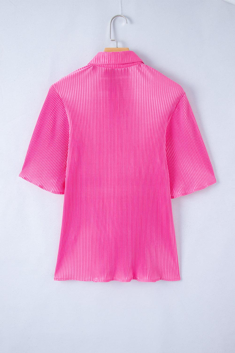 Bright Pink Satin Pleated Short Sleeve Shirt - L & M Kee, LLC