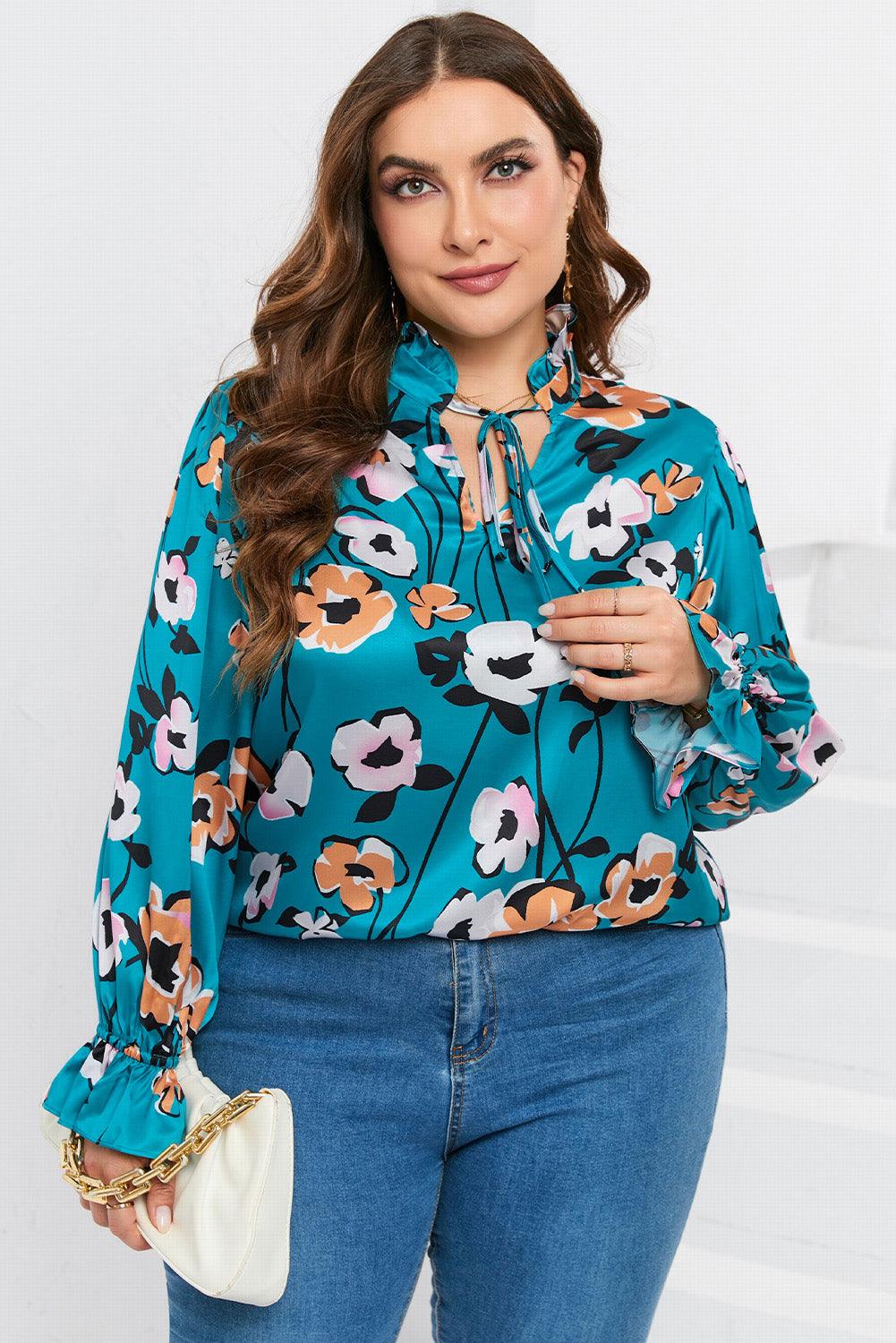 Sky Blue Floral Print V Neck Plus Size Blouse - L & M Kee, LLC