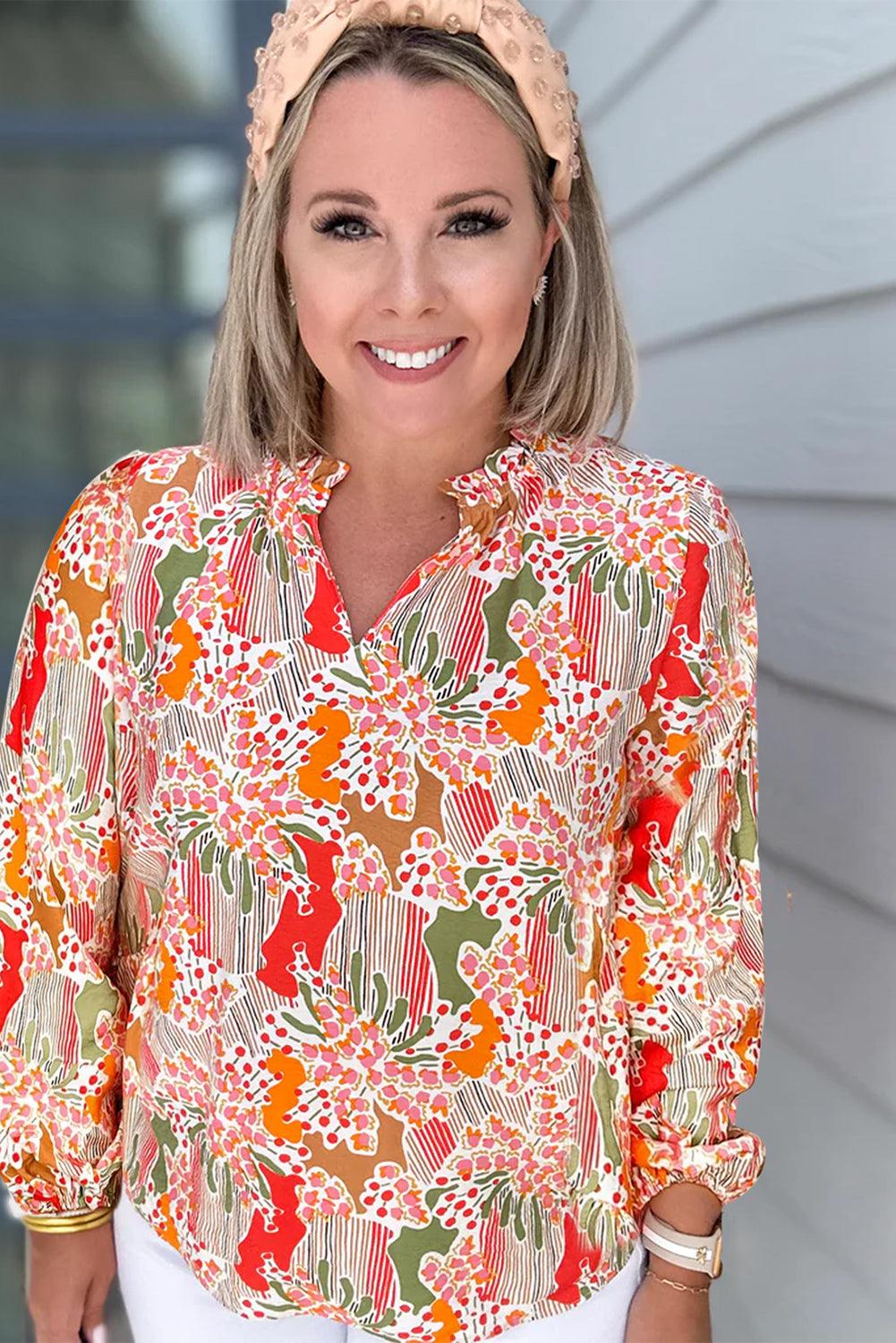 Orange Printed Floral Abstract Print Frilled V Neck Plus Size Blouse - L & M Kee, LLC