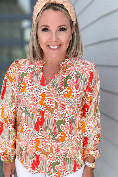 Orange Printed Floral Abstract Print Frilled V Neck Plus Size Blouse - L & M Kee, LLC