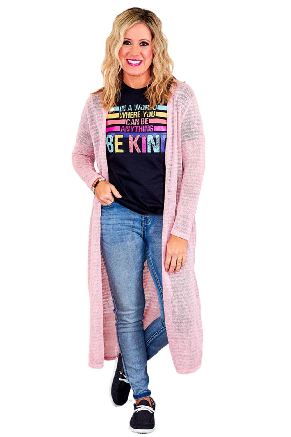 Pink Sheer Knitted Long Side Slit Plus Size Cardigan - L & M Kee, LLC