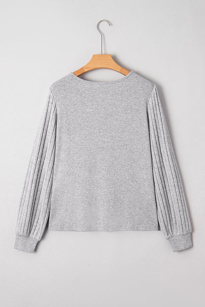 Gray Hollowed Lace Ribbed Knit Long Sleeve Patchwork Top