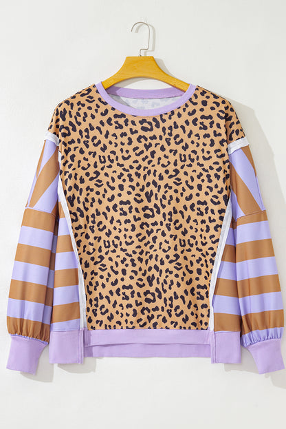 Purple Leopard Striped Patchwork Plus Size Loose Sweatshirt