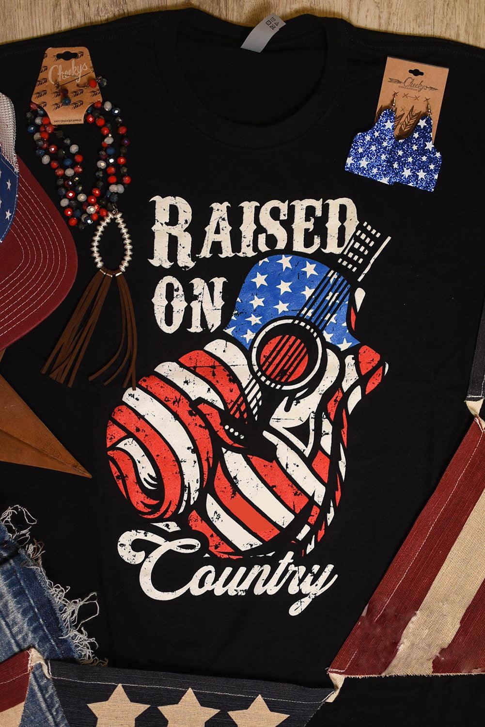 Black Raised On Country USA Flag Guitar Graphic Tee - L & M Kee, LLC