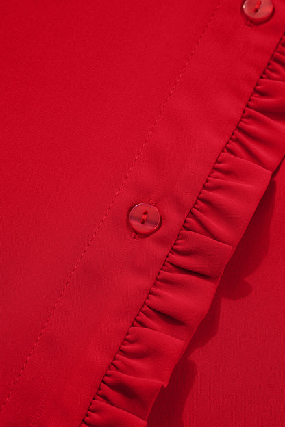Fiery Red Frilled Trim Button Up Pleated Long Sleeve Shirt