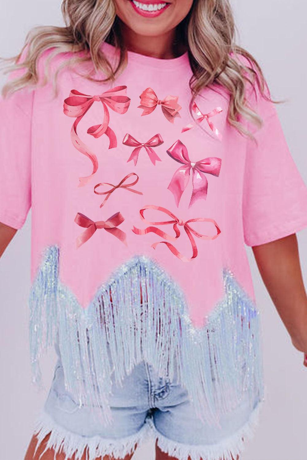 Pink Sweet Bowknot Graphic Fringed Hem T-shirt - L & M Kee, LLC