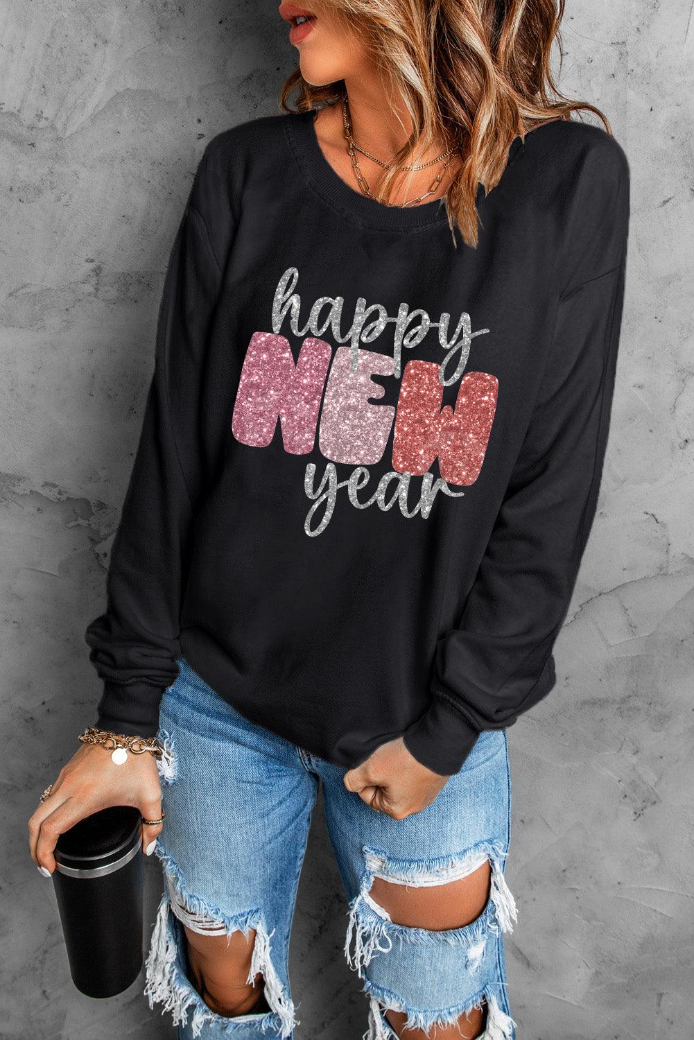 Black Glistening Happy New Year Graphic Sweatshirt - L & M Kee, LLC