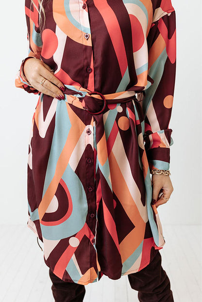 Brown Abstract Print Belted High Waist Button-up Mini Dress - L & M Kee, LLC