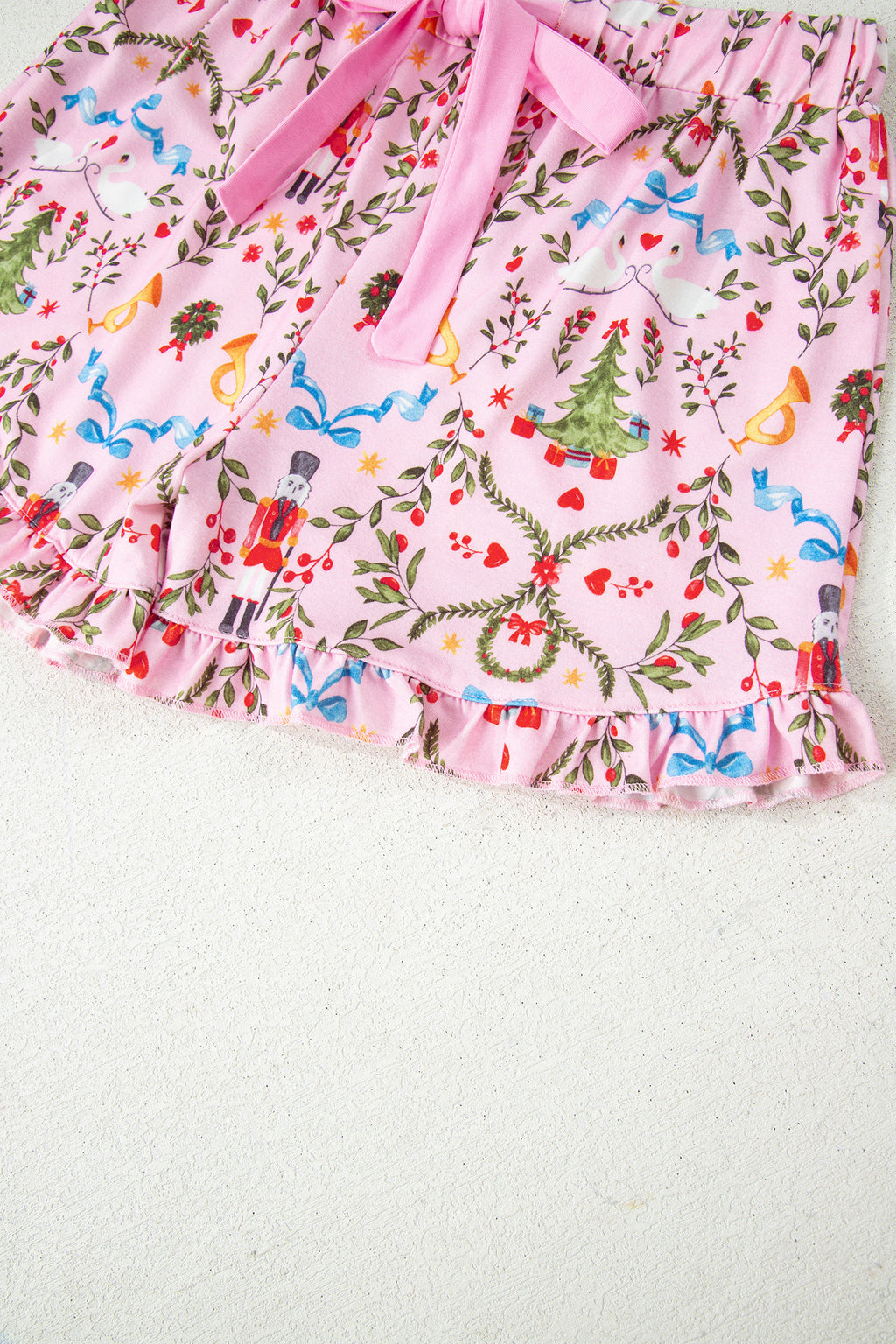 Pink Nutcracker Doll Christmas Print Ribbon Tie Waist Short 2pcs Pajama Set