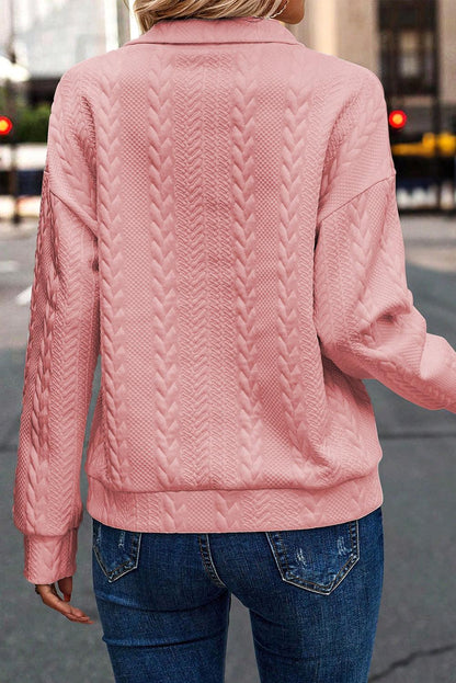 Peach Blossom Zip up Cable Textured Sweatshirt - L & M Kee, LLC