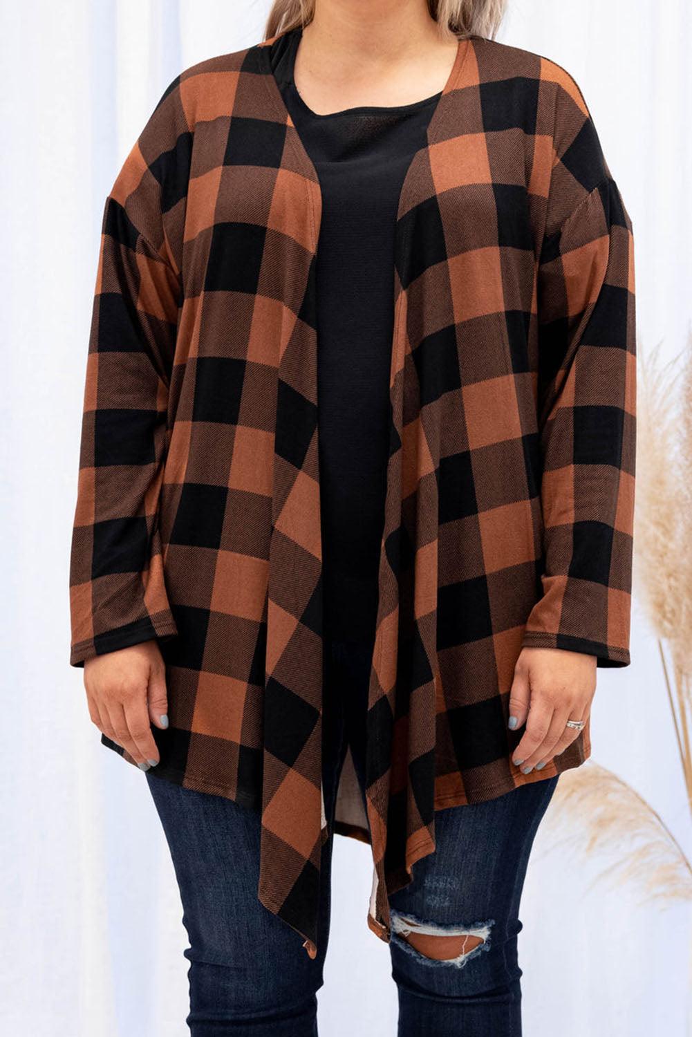 Plus Size Plaid Pattern Open Front Cardigan - L & M Kee, LLC