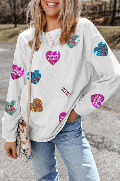 White Valentines Slogan Heart Sequin Corded Baggy Sweatshirt