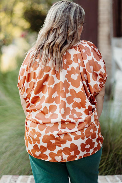 Orange Plus Size Floral Print Drawstring V Neck Short Sleeve Blouse - L & M Kee, LLC